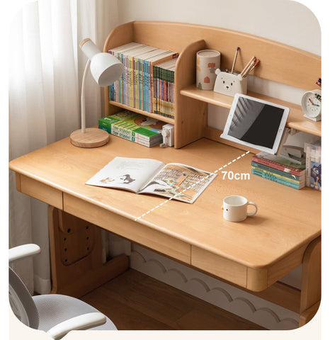 Beech Solid Wood Adjustable Height Desk & Bookshelf Set Natural Study Table for Kids & Students