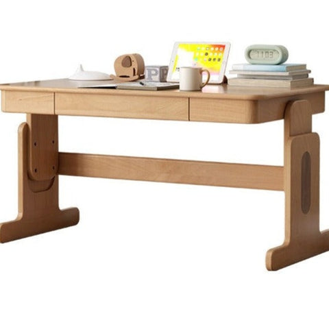 Beech Solid Wood Adjustable Height Desk & Bookshelf Set Natural Study Table for Kids & Students