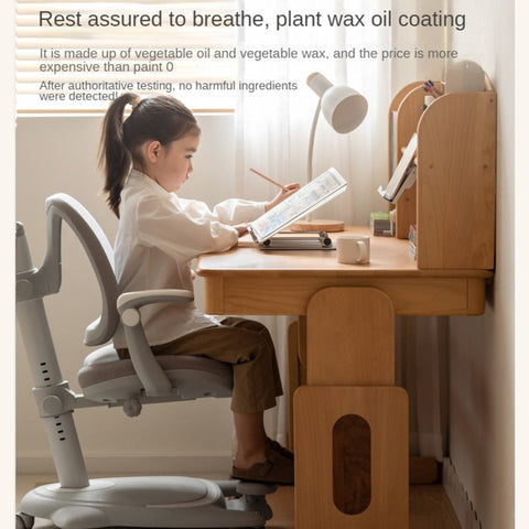 Beech Solid Wood Adjustable Height Desk & Bookshelf Set Natural Study Table for Kids & Students