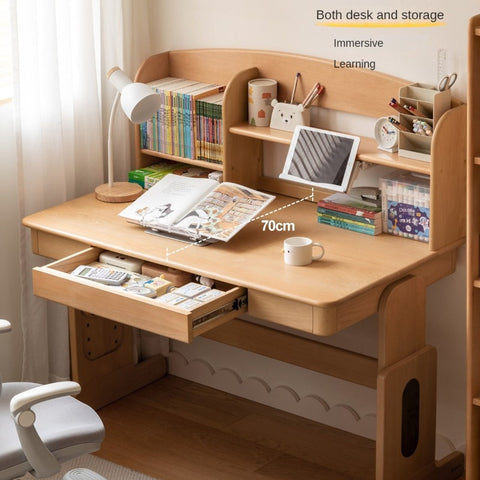 Beech Solid Wood Adjustable Height Desk & Bookshelf Set Natural Study Table for Kids & Students