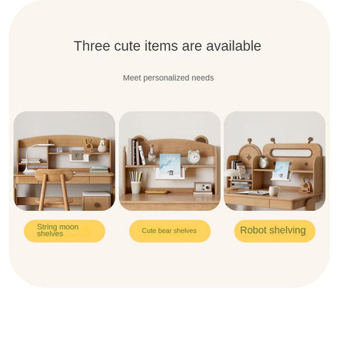 Beech Solid Wood Adjustable Height Desk & Bookshelf Set Natural Study Table for Kids & Students