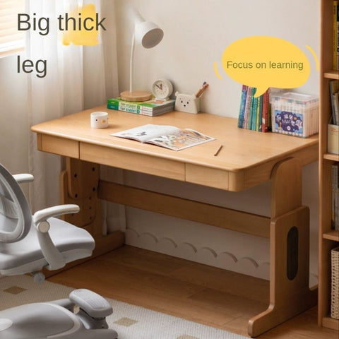 Beech Solid Wood Adjustable Height Desk & Bookshelf Set Natural Study Table for Kids & Students