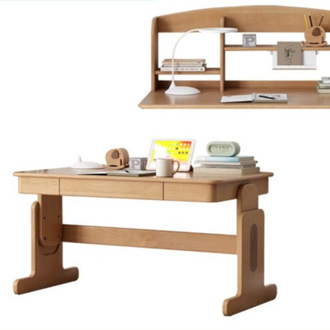 Beech Solid Wood Adjustable Height Desk & Bookshelf Set Natural Study Table for Kids & Students