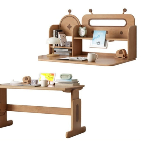 Beech Solid Wood Adjustable Height Desk & Bookshelf Set Natural Study Table for Kids & Students