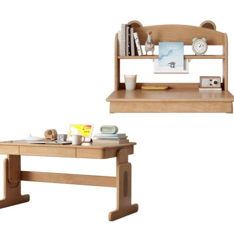 Beech Solid Wood Adjustable Height Desk & Bookshelf Set Natural Study Table for Kids & Students