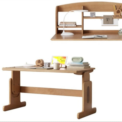 Beech Solid Wood Adjustable Height Desk & Bookshelf Set Natural Study Table for Kids & Students