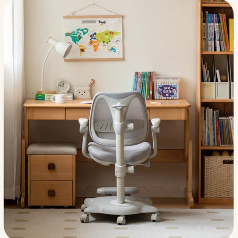 Beech Solid Wood Adjustable Height Desk & Bookshelf Set Natural Study Table for Kids & Students