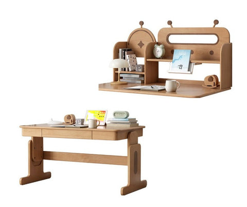 Beech Solid Wood Adjustable Height Desk & Bookshelf Set Natural Study Table for Kids & Students