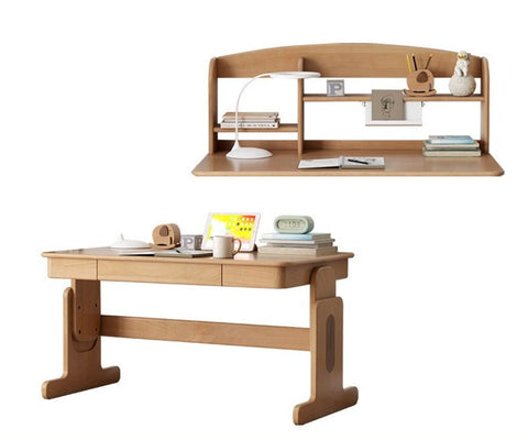 Beech Solid Wood Adjustable Height Desk & Bookshelf Set Natural Study Table for Kids & Students