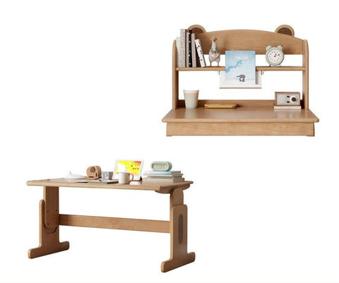 Beech Solid Wood Adjustable Height Desk & Bookshelf Set Natural Study Table for Kids & Students