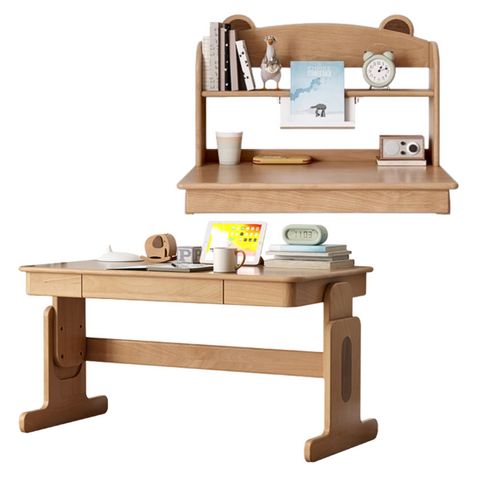 Beech Solid Wood Adjustable Height Desk & Bookshelf Set Natural Study Table for Kids & Students
