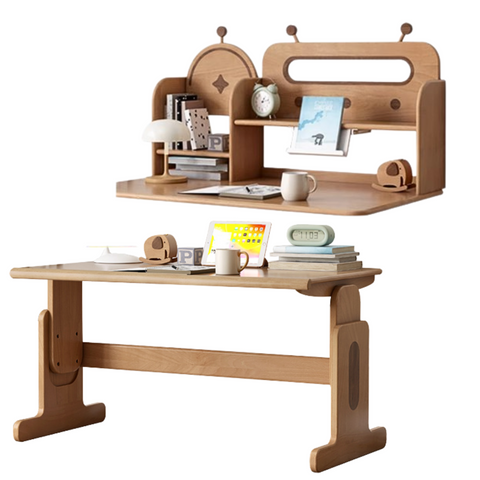 Beech Solid Wood Adjustable Height Desk & Bookshelf Set Natural Study Table for Kids & Students