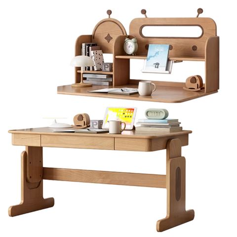 Beech Solid Wood Adjustable Height Desk & Bookshelf Set Natural Study Table for Kids & Students