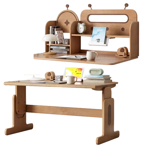 Beech Solid Wood Adjustable Height Desk & Bookshelf Set Natural Study Table for Kids & Students