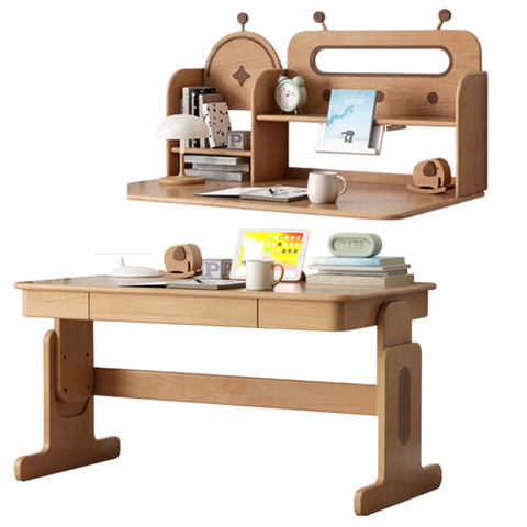 Beech Solid Wood Adjustable Height Desk & Bookshelf Set Natural Study Table for Kids & Students