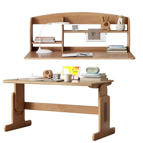 Beech Solid Wood Adjustable Height Desk & Bookshelf Set Natural Study Table for Kids & Students