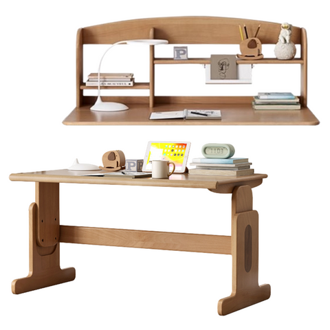 Beech Solid Wood Adjustable Height Desk & Bookshelf Set Natural Study Table for Kids & Students