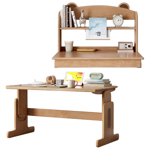 Beech Solid Wood Adjustable Height Desk & Bookshelf Set Natural Study Table for Kids & Students