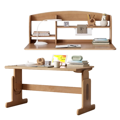 Beech Solid Wood Adjustable Height Desk & Bookshelf Set Natural Study Table for Kids & Students