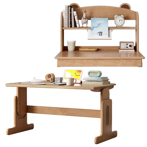 Beech Solid Wood Adjustable Height Desk & Bookshelf Set Natural Study Table for Kids & Students
