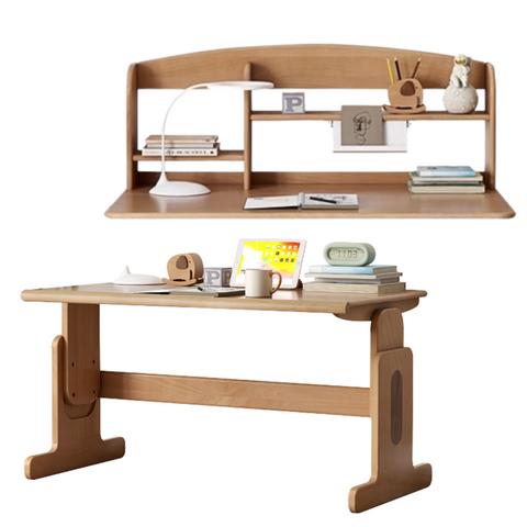 Beech Solid Wood Adjustable Height Desk & Bookshelf Set Natural Study Table for Kids & Students
