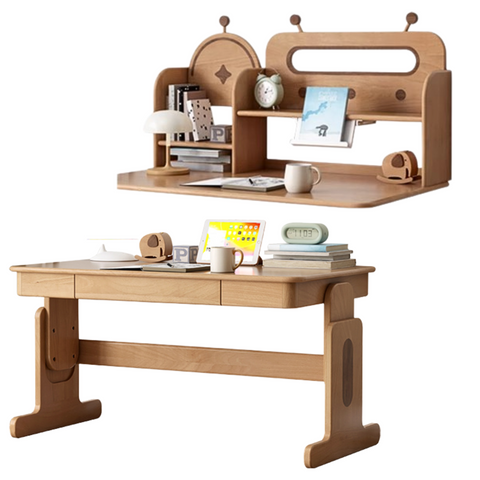 Beech Solid Wood Adjustable Height Desk & Bookshelf Set Natural Study Table for Kids & Students