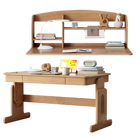 Beech Solid Wood Adjustable Height Desk & Bookshelf Set Natural Study Table for Kids & Students