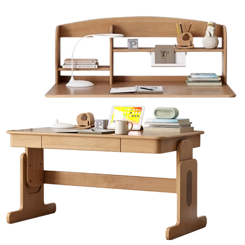 Beech Solid Wood Adjustable Height Desk & Bookshelf Set Natural Study Table for Kids & Students