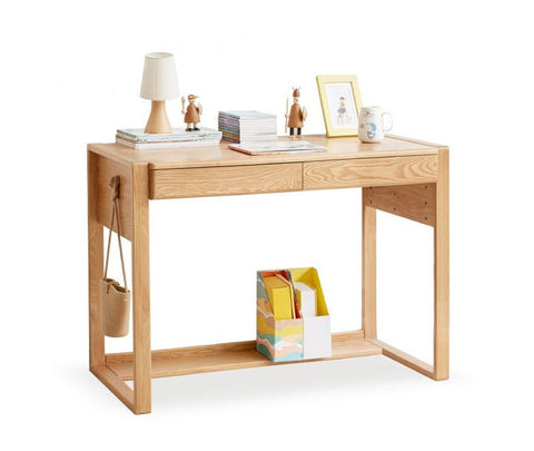 Adjustable Beech Solid Wood Study Desk Natural Finish Height Adjustable Writing Table with Storage for Kids & Adults