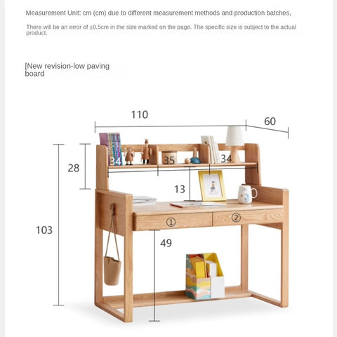 Adjustable Beech Solid Wood Study Desk Natural Finish Height Adjustable Writing Table with Storage for Kids & Adults