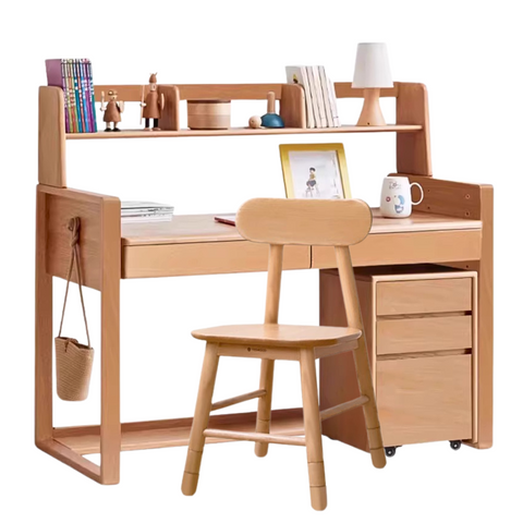 Adjustable Beech Solid Wood Study Desk Natural Finish Height Adjustable Writing Table with Storage for Kids & Adults