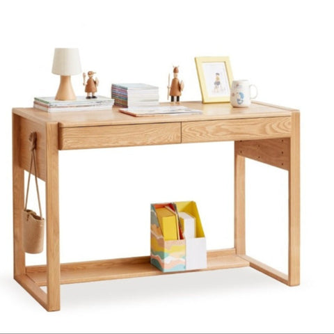 Adjustable Beech Solid Wood Study Desk Natural Finish Height Adjustable Writing Table with Storage for Kids & Adults