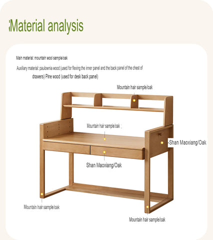 Adjustable Beech Solid Wood Study Desk Natural Finish Height Adjustable Writing Table with Storage for Kids & Adults