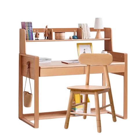 Adjustable Beech Solid Wood Study Desk Natural Finish Height Adjustable Writing Table with Storage for Kids & Adults