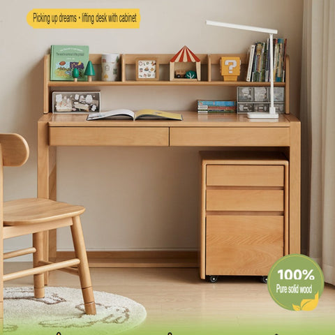 Adjustable Beech Solid Wood Study Desk Natural Finish Height Adjustable Writing Table with Storage for Kids & Adults