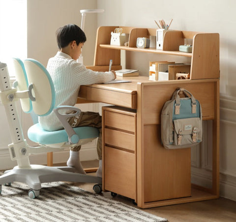 Adjustable Beech Solid Wood Study Desk Natural Finish Height Adjustable Writing Table with Storage for Kids & Adults