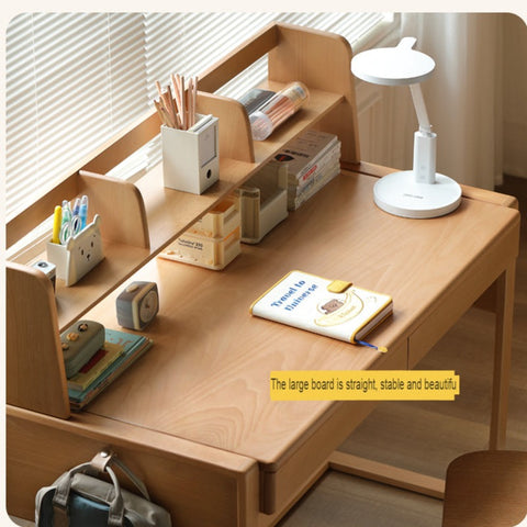 Adjustable Beech Solid Wood Study Desk Natural Finish Height Adjustable Writing Table with Storage for Kids & Adults