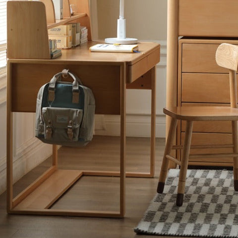 Adjustable Beech Solid Wood Study Desk Natural Finish Height Adjustable Writing Table with Storage for Kids & Adults