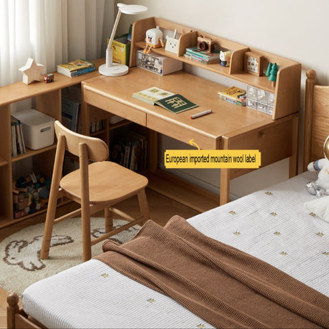 Adjustable Beech Solid Wood Study Desk Natural Finish Height Adjustable Writing Table with Storage for Kids & Adults