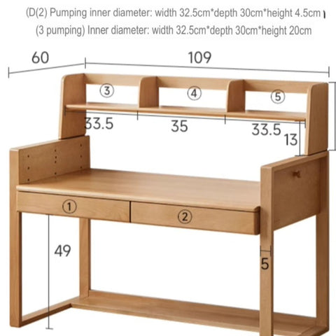 Adjustable Beech Solid Wood Study Desk Natural Finish Height Adjustable Writing Table with Storage for Kids & Adults