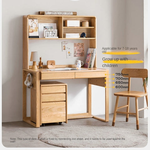 Adjustable Beech Solid Wood Study Desk Natural Finish Height Adjustable Writing Table with Storage for Kids & Adults