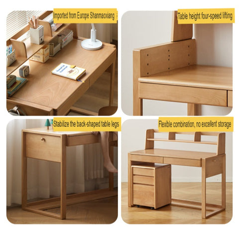 Adjustable Beech Solid Wood Study Desk Natural Finish Height Adjustable Writing Table with Storage for Kids & Adults