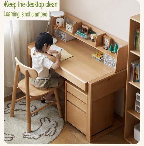 Adjustable Beech Solid Wood Study Desk Natural Finish Height Adjustable Writing Table with Storage for Kids & Adults