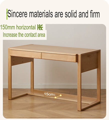 Adjustable Beech Solid Wood Study Desk Natural Finish Height Adjustable Writing Table with Storage for Kids & Adults