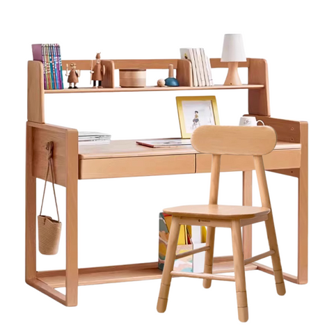 Adjustable Beech Solid Wood Study Desk Natural Finish Height Adjustable Writing Table with Storage for Kids & Adults