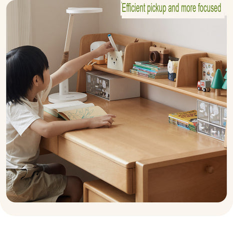 Adjustable Beech Solid Wood Study Desk Natural Finish Height Adjustable Writing Table with Storage for Kids & Adults