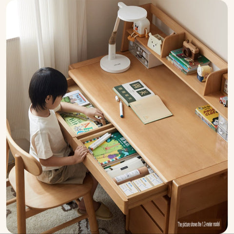 Adjustable Beech Solid Wood Study Desk Natural Finish Height Adjustable Writing Table with Storage for Kids & Adults