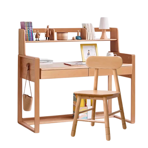 Adjustable Beech Solid Wood Study Desk Natural Finish Height Adjustable Writing Table with Storage for Kids & Adults