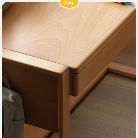 Adjustable Beech Solid Wood Study Desk Natural Finish Height Adjustable Writing Table with Storage for Kids & Adults