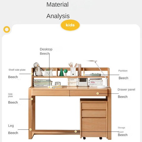 Adjustable Beech Solid Wood Study Desk Natural Finish Height Adjustable Writing Table with Storage for Kids & Adults